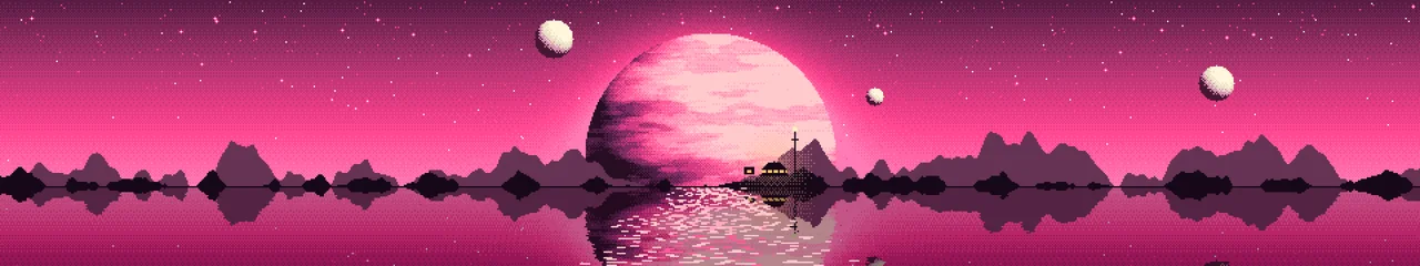 Hot Pink Pixel Art Planet Rise triple monitor wallpaper, 7680 × 1440