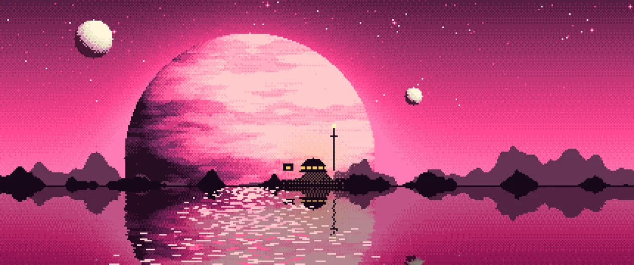 Hot Pink Pixel Art Planet Rise ultrawide wallpaper, 3440 × 1440