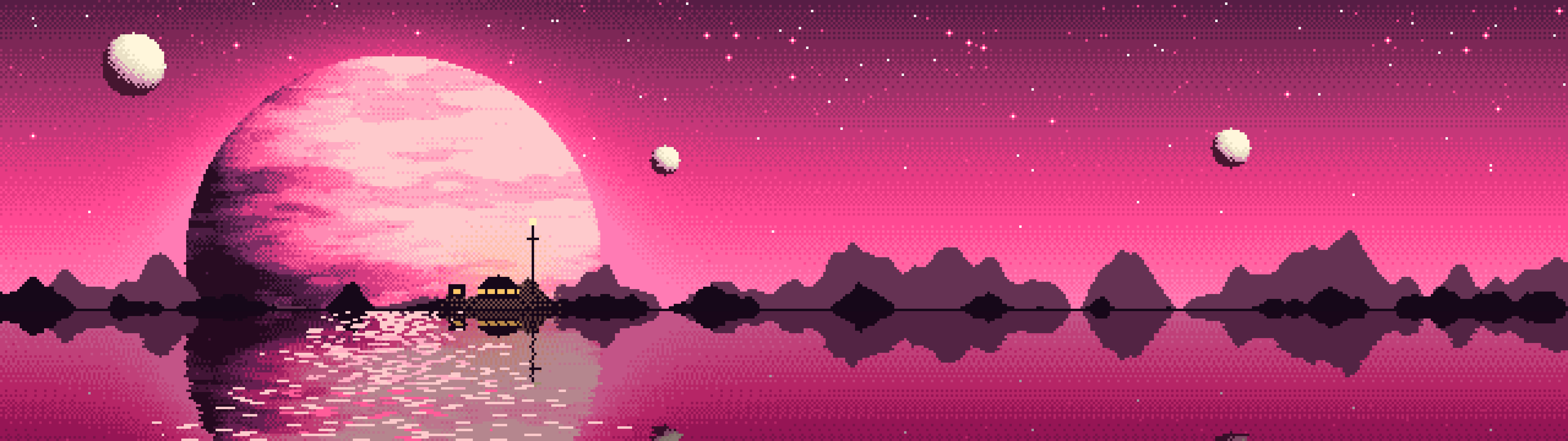 Hot Pink Pixel Art Planet Rise dual monitor wallpaper, 7680 × 2160