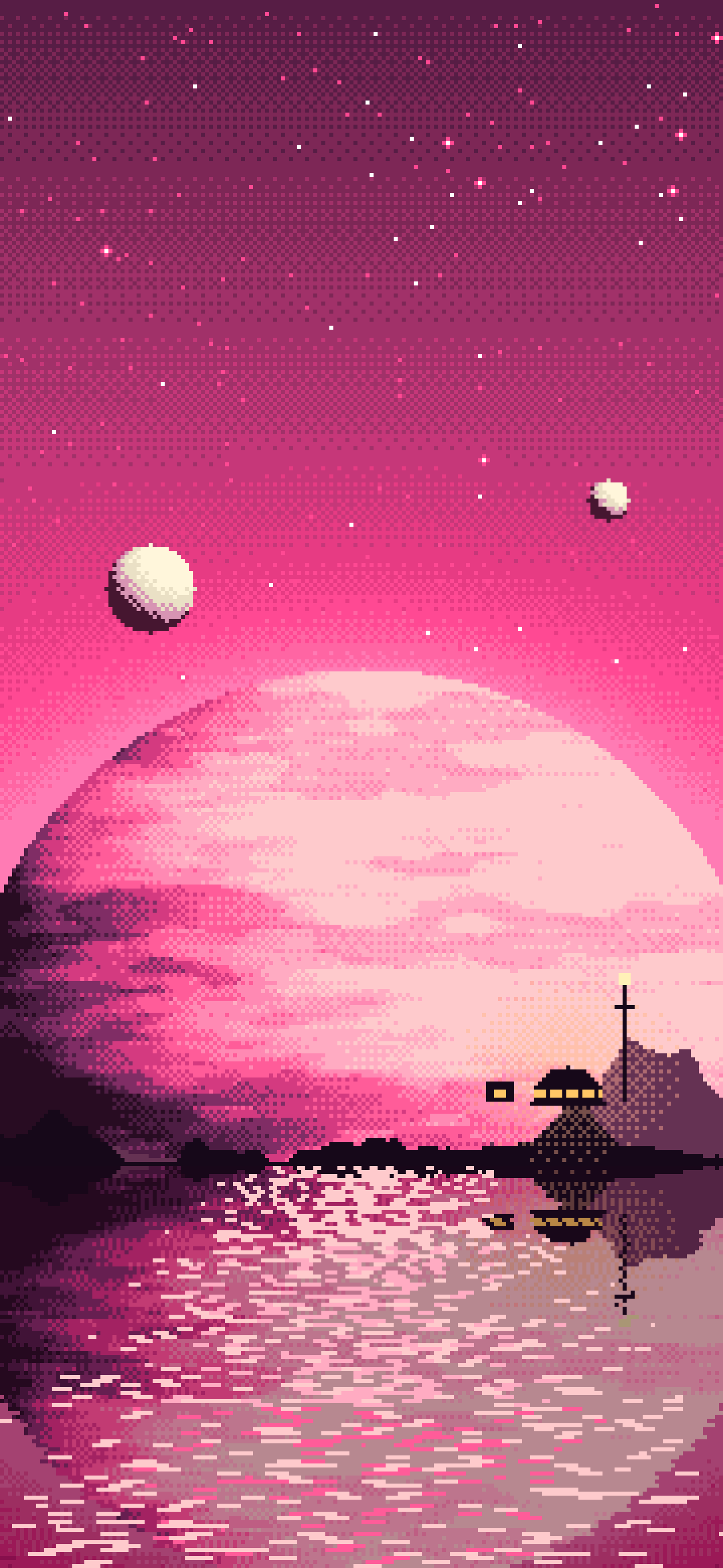 Hot Pink Pixel Art Planet Rise wallpaper for iPhone and Android