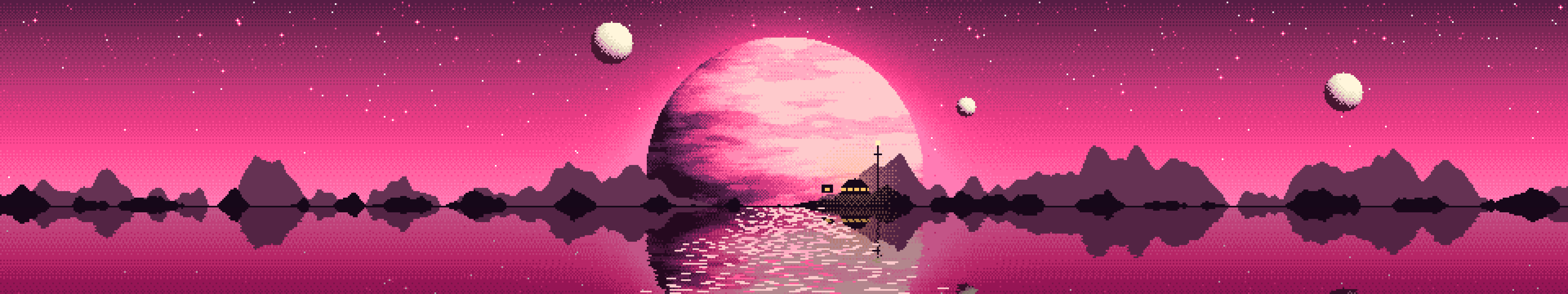 Hot Pink Pixel Art Planet Rise triple monitor wallpaper, 7680 × 1440