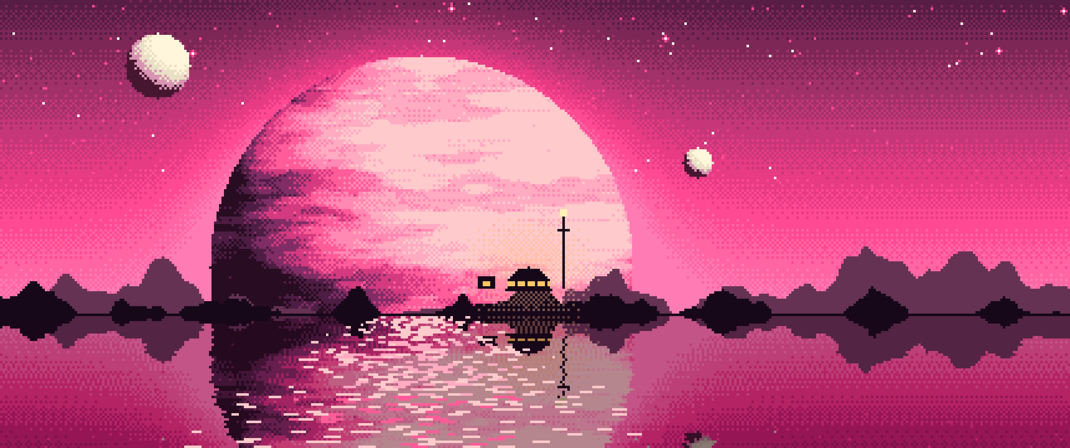 Hot Pink Pixel Art Planet Rise ultrawide wallpaper, 3440 × 1440