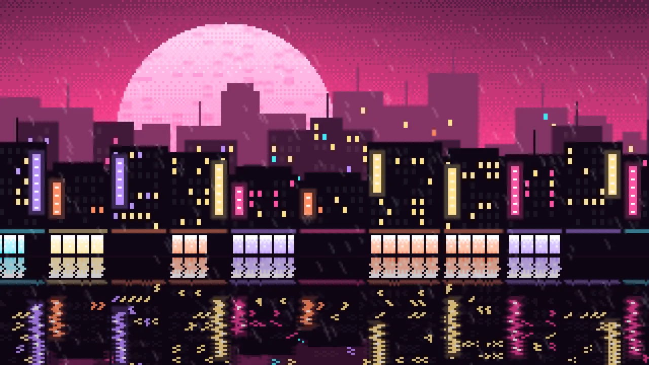 Hot Pink Pixel Art Rainy City desktop wallpaper in 4K