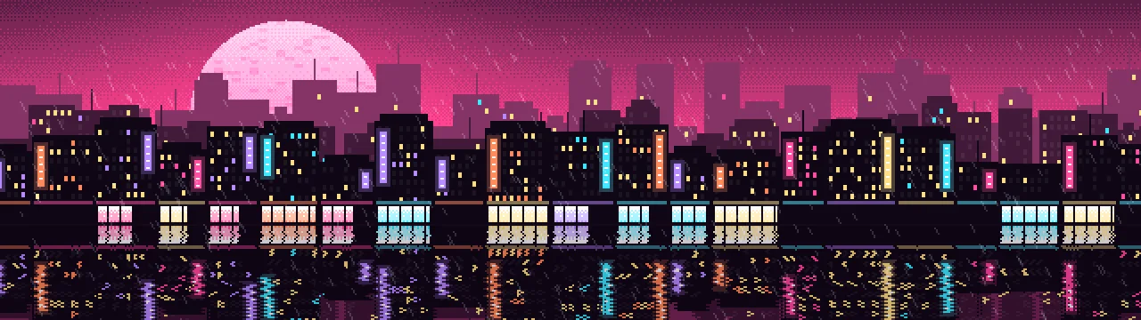 Hot Pink Pixel Art Rainy City dual monitor wallpaper, 7680 × 2160