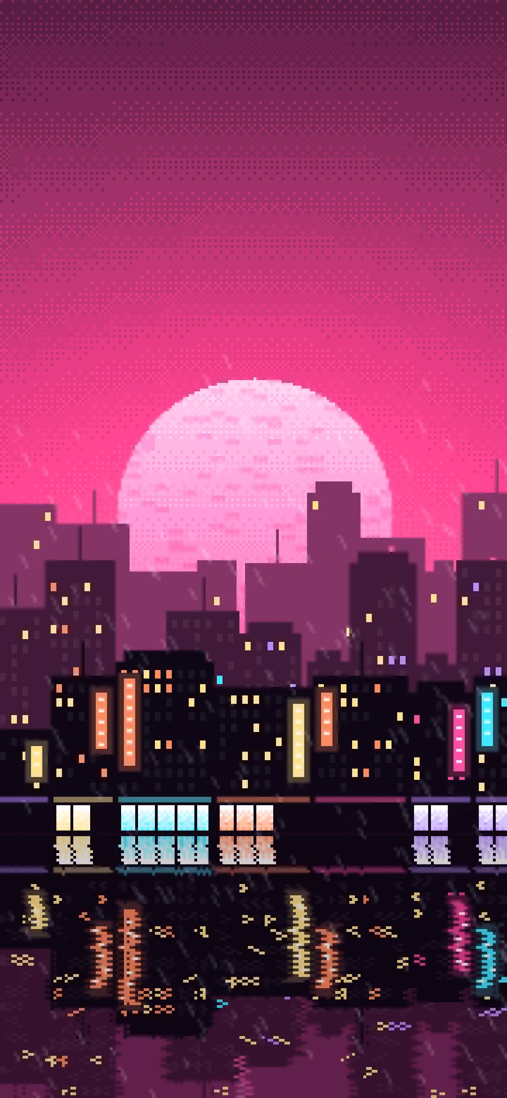 Hot Pink Pixel Art Rainy City wallpaper for iPhone and Android