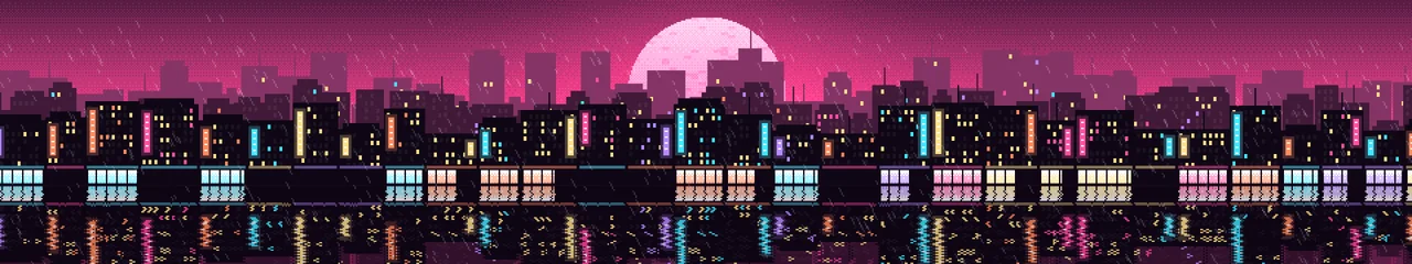 Hot Pink Pixel Art Rainy City triple monitor wallpaper, 7680 × 1440