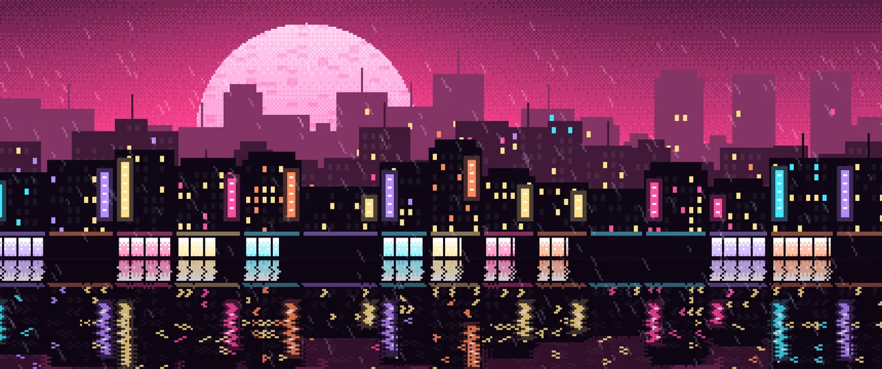 Hot Pink Pixel Art Rainy City ultrawide wallpaper, 3440 × 1440