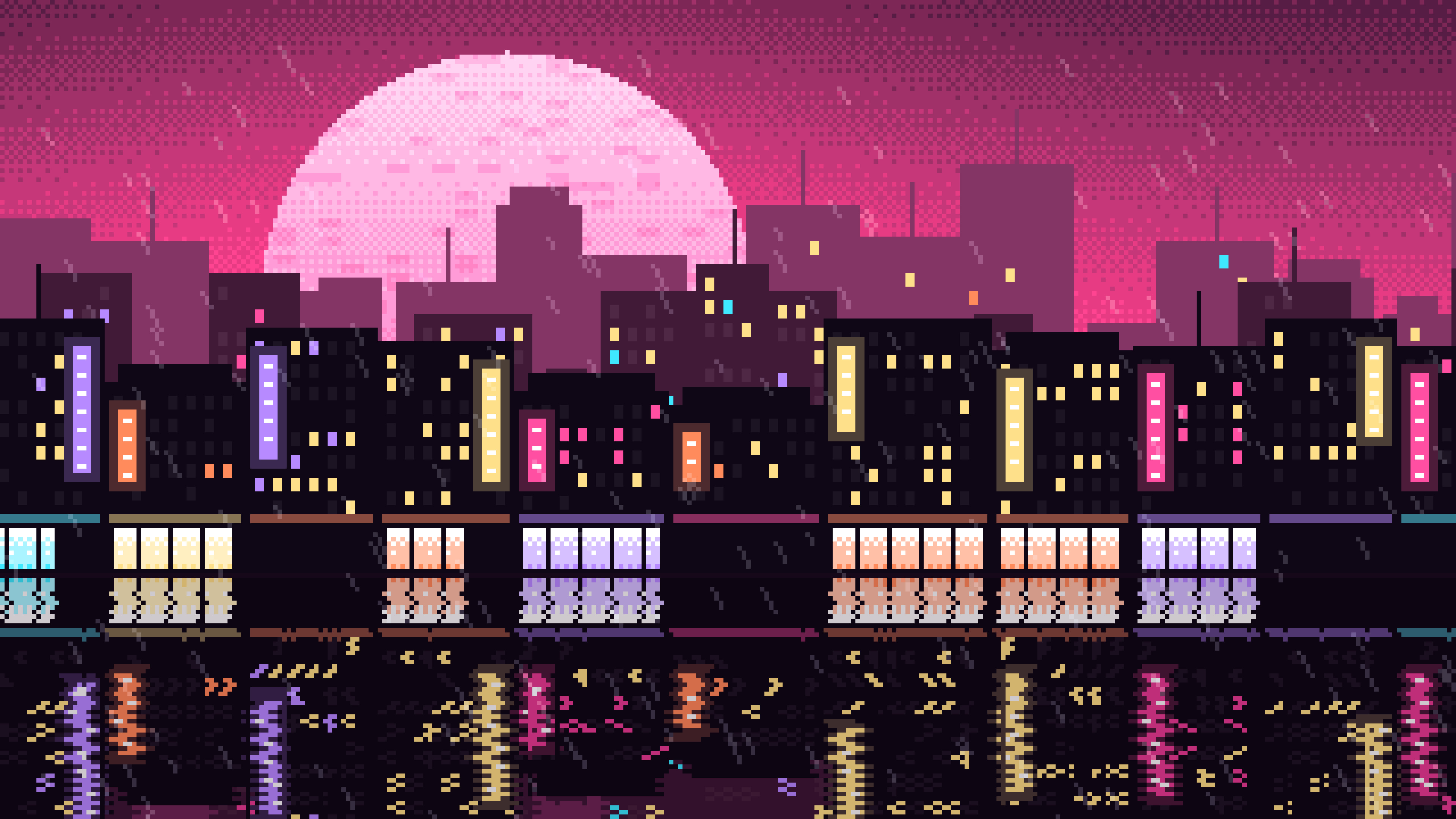 Hot Pink Pixel Art Rainy City desktop wallpaper in 4K