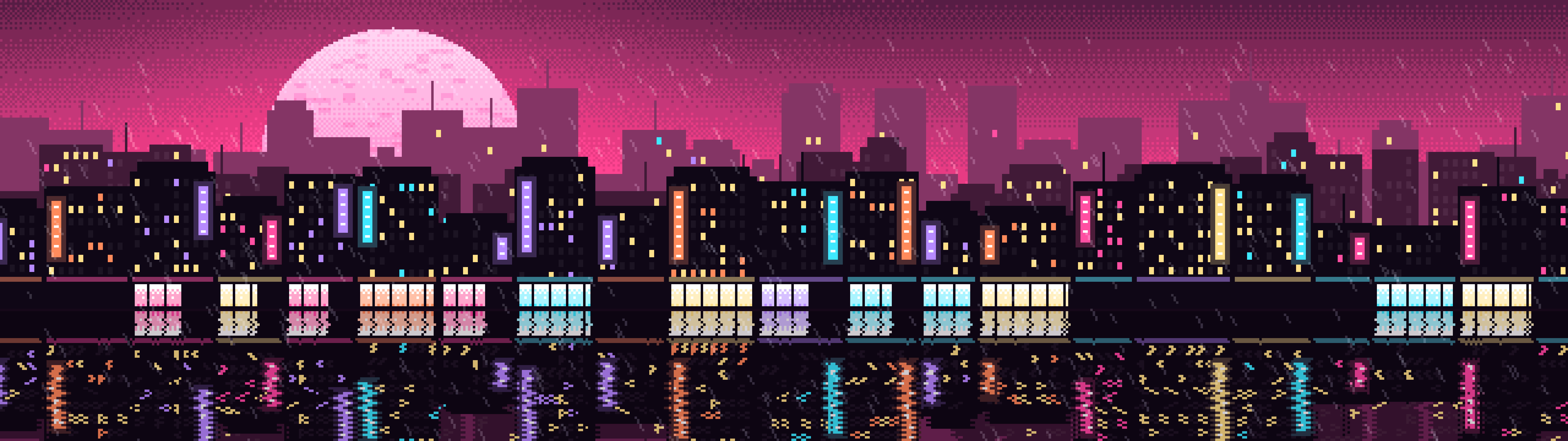 Hot Pink Pixel Art Rainy City dual monitor wallpaper, 7680 × 2160