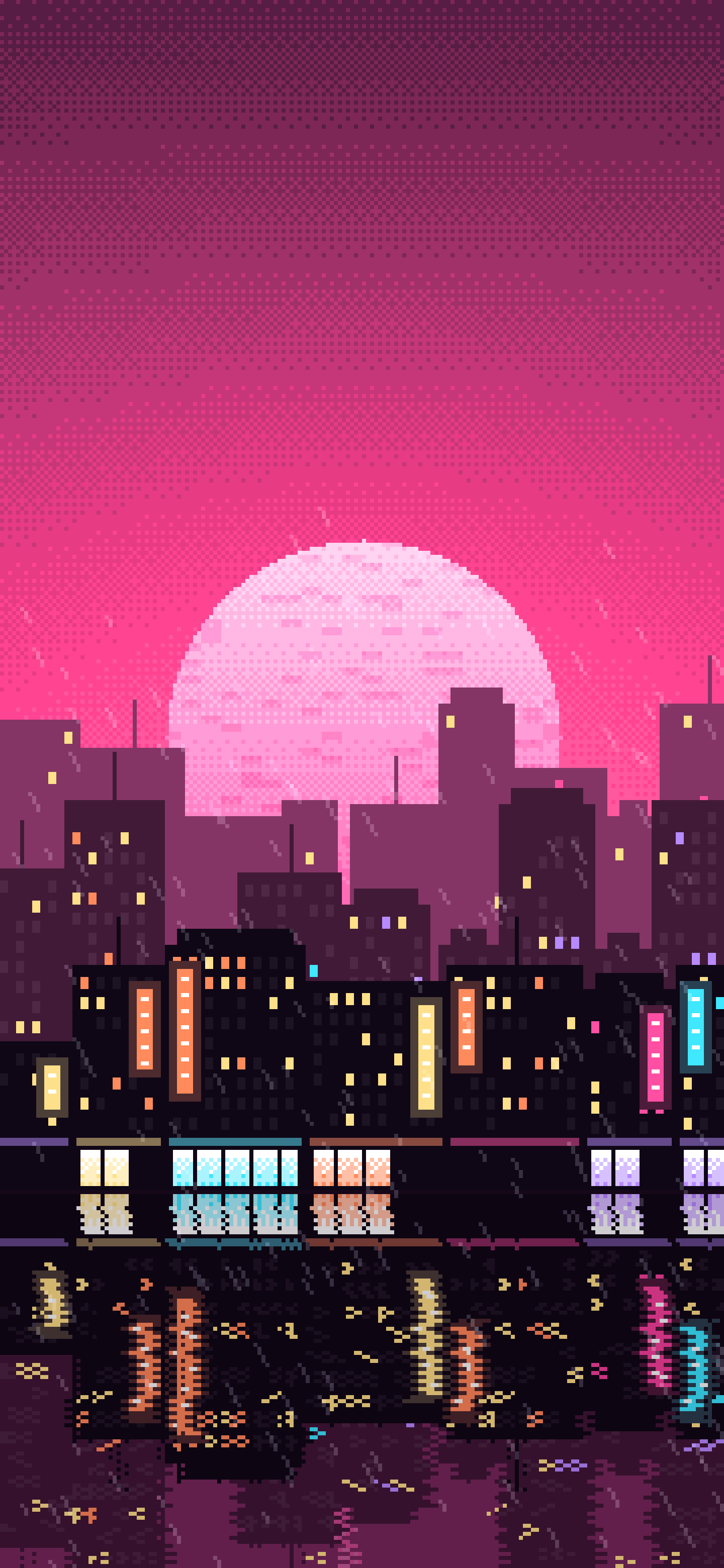 Hot Pink Pixel Art Rainy City wallpaper for iPhone and Android