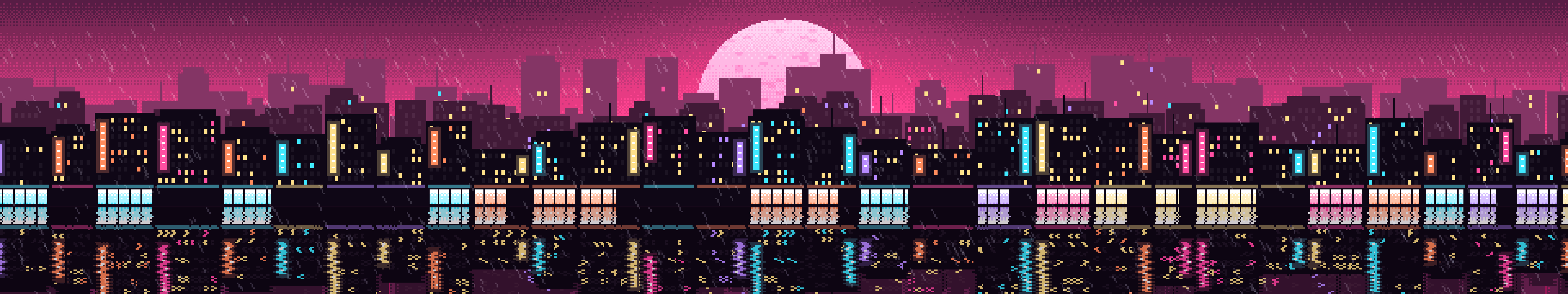 Hot Pink Pixel Art Rainy City triple monitor wallpaper, 7680 × 1440