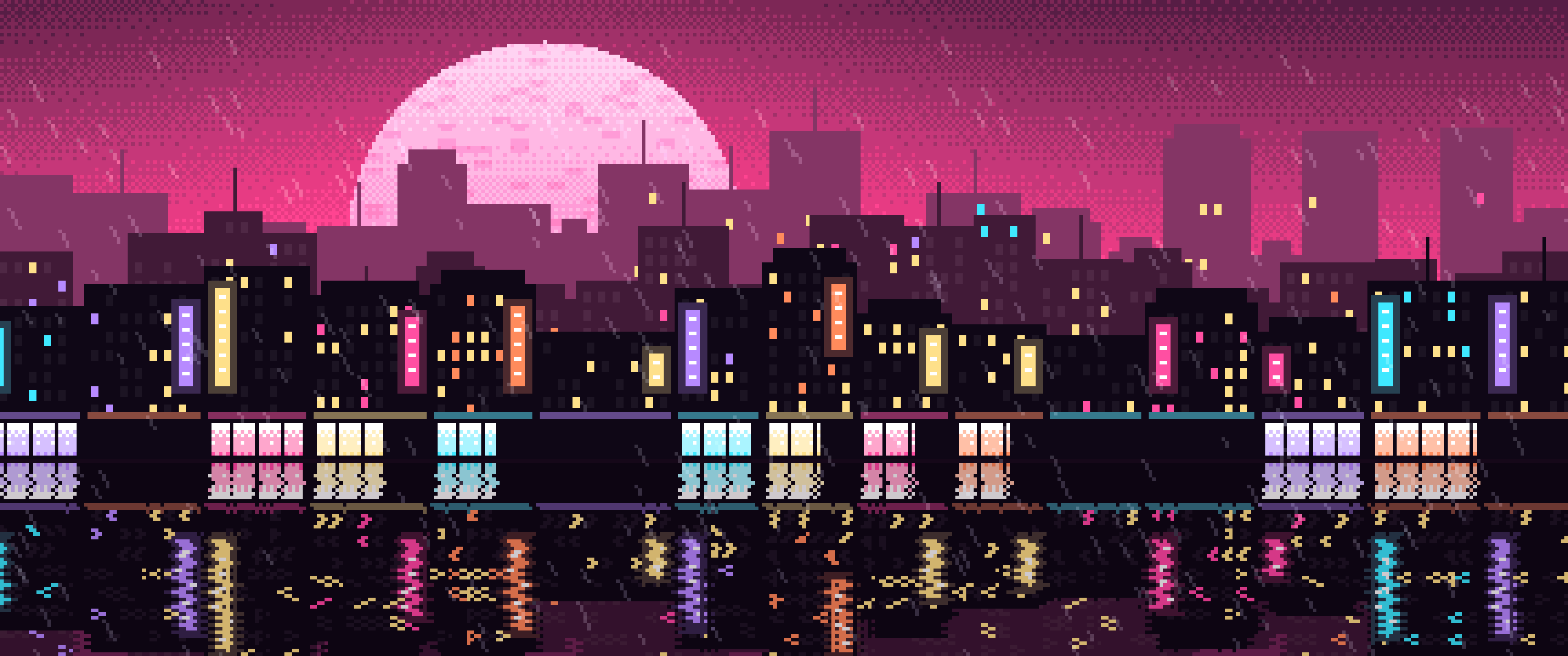 Hot Pink Pixel Art Rainy City ultrawide wallpaper, 3440 × 1440