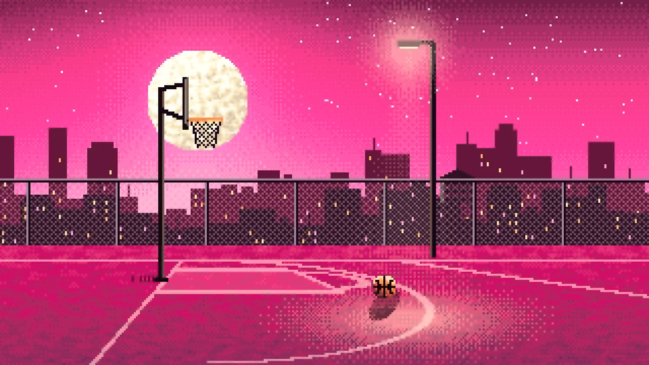 Hot Pink Pixel Art Rooftop Basketball Court desktop wallpaper in 4K
