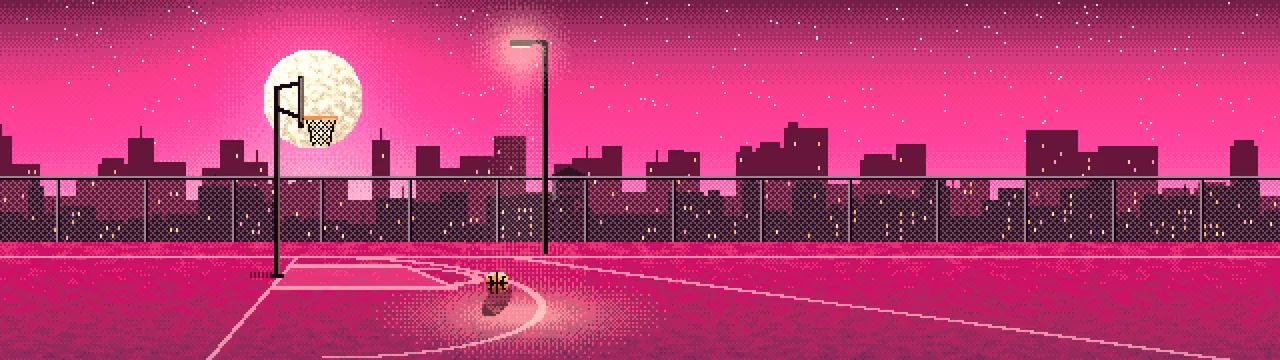 Hot Pink Pixel Art Rooftop Basketball Court dual monitor wallpaper, 7680 × 2160