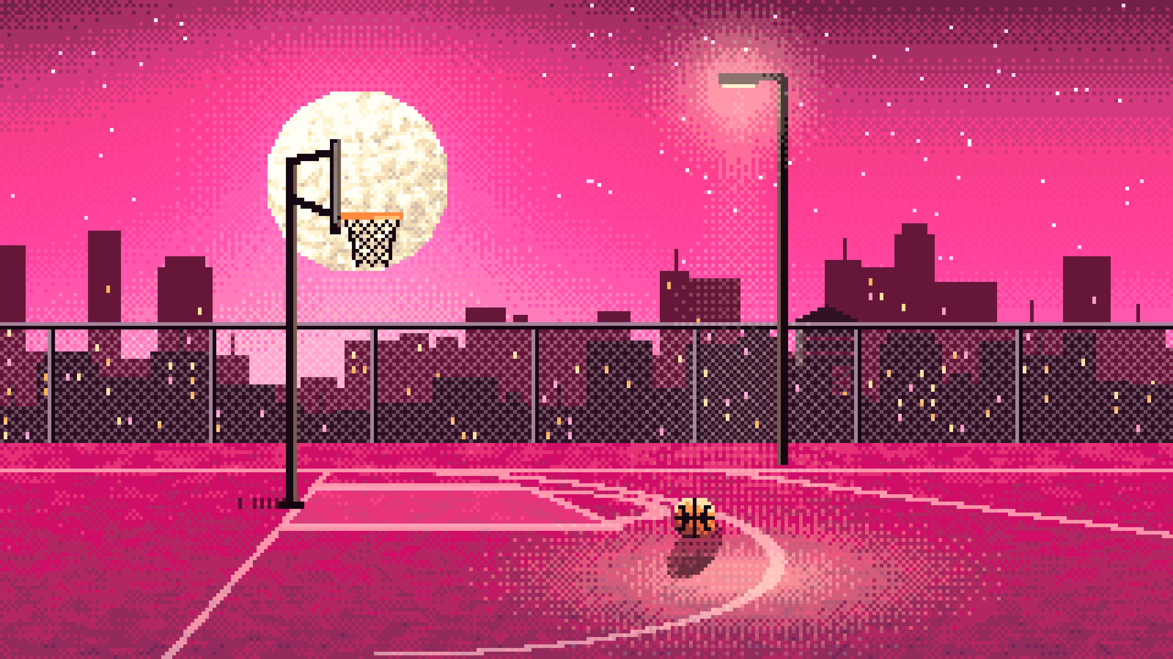 Hot Pink Pixel Art Rooftop Basketball Court desktop wallpaper in 4K