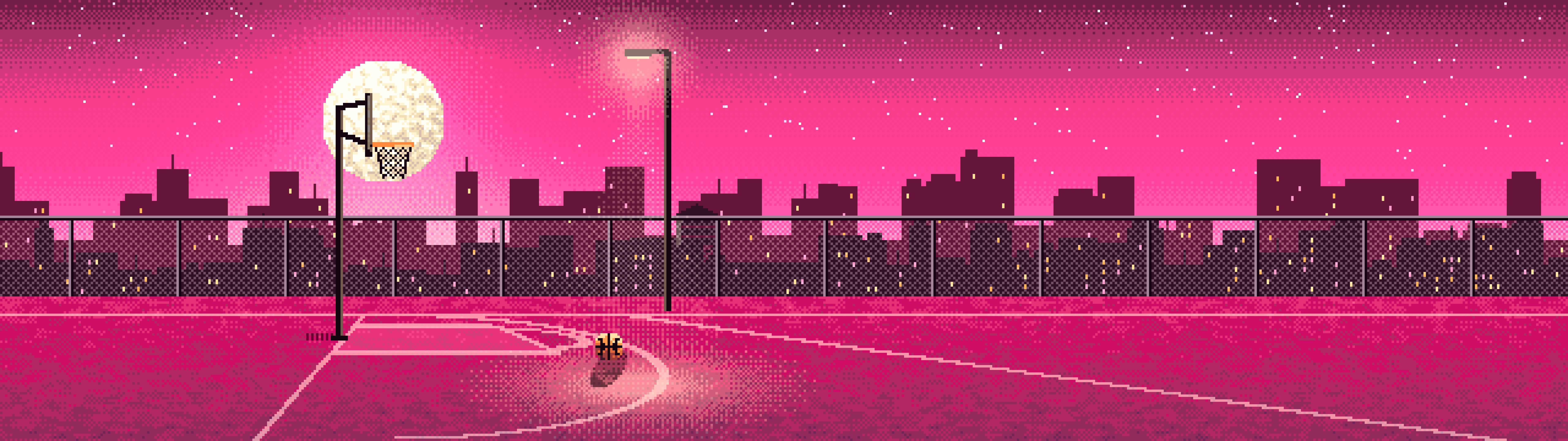 Hot Pink Pixel Art Rooftop Basketball Court dual monitor wallpaper, 7680 × 2160