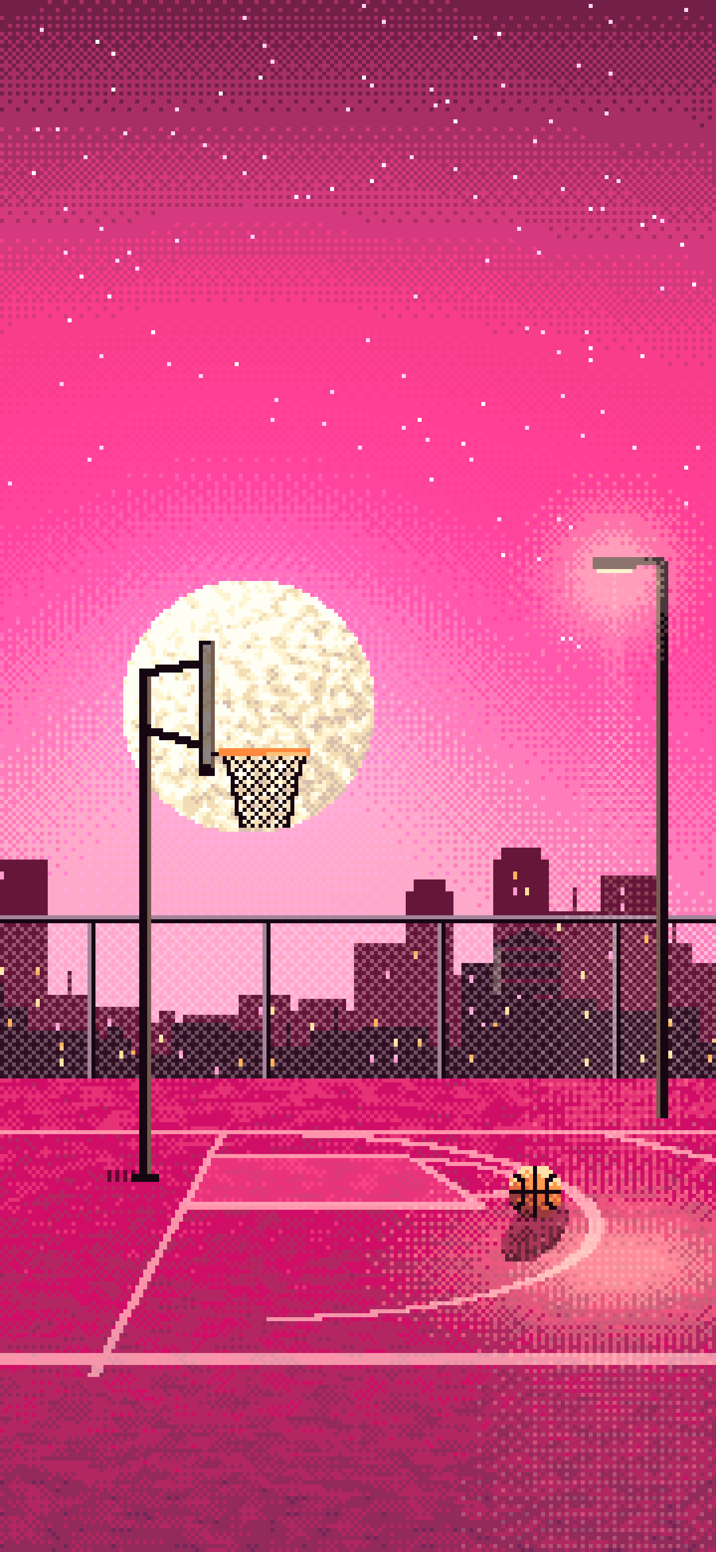 Hot Pink Pixel Art Rooftop Basketball Court wallpaper for iPhone and Android