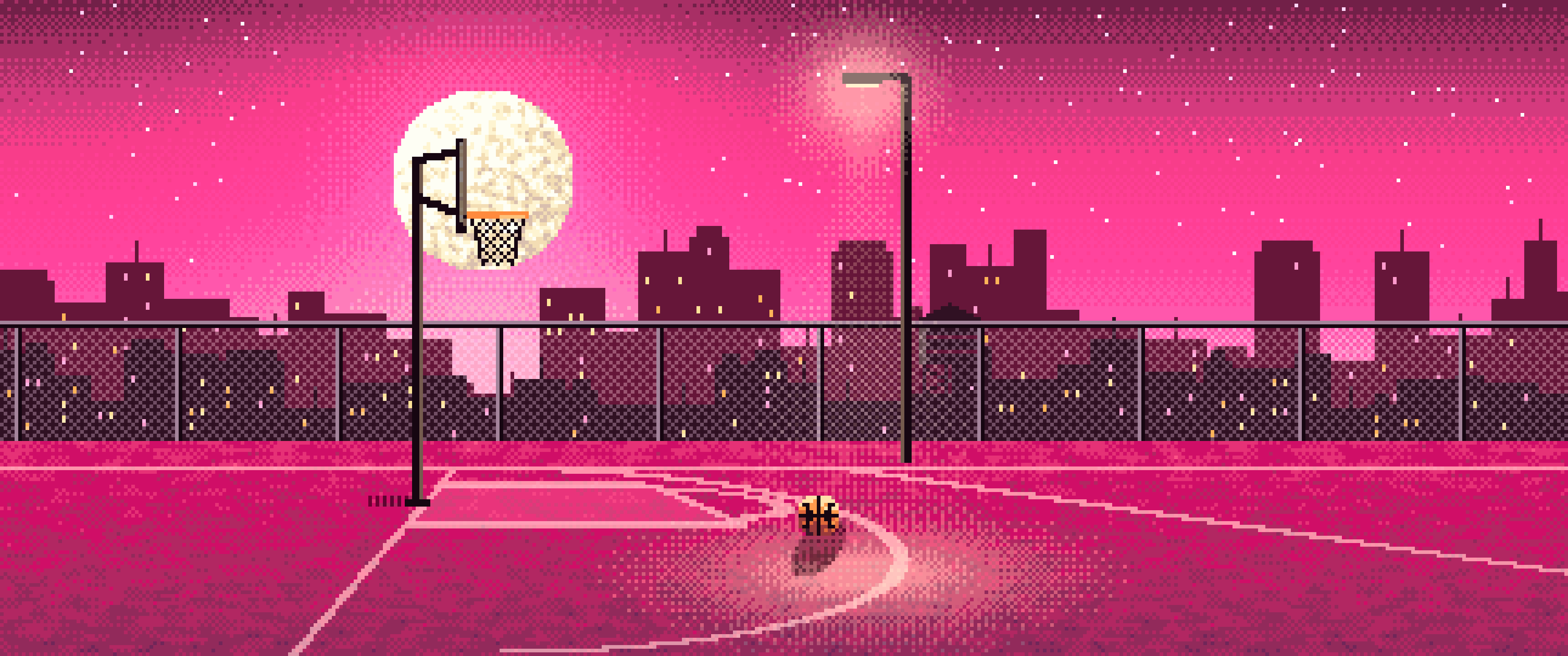 Hot Pink Pixel Art Rooftop Basketball Court ultrawide wallpaper, 3440 × 1440