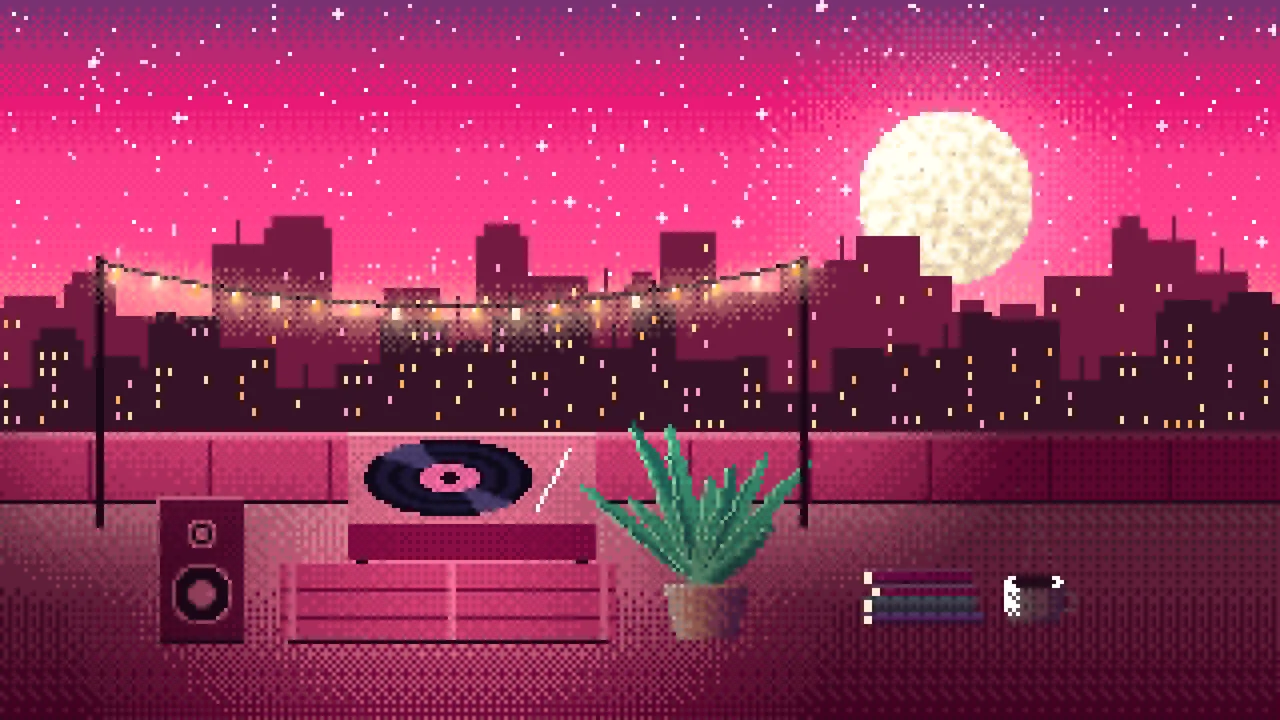 Hot Pink Pixel Art Rooftop Record Player desktop wallpaper in 4K