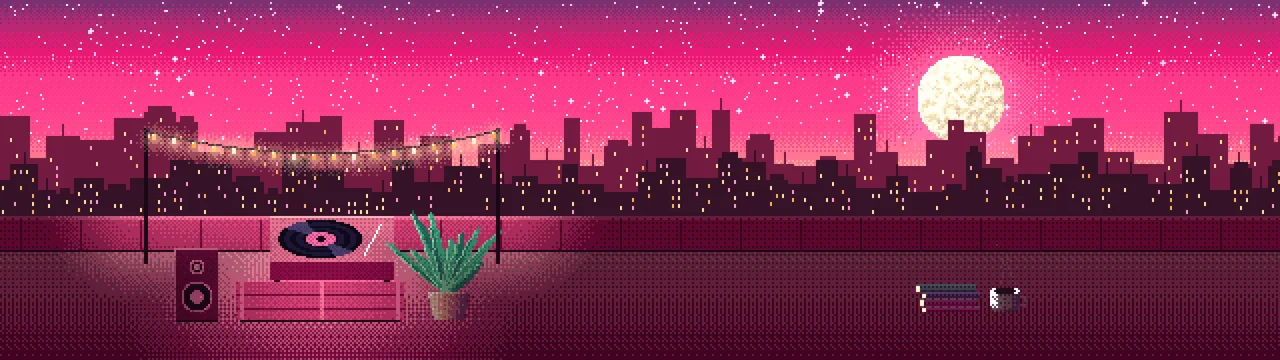 Hot Pink Pixel Art Rooftop Record Player dual monitor wallpaper, 7680 × 2160