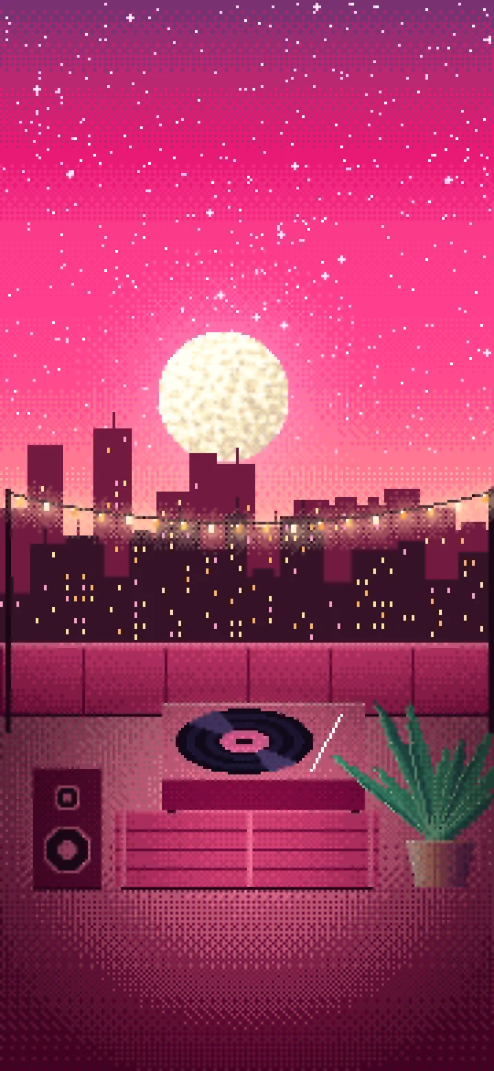 Hot Pink Pixel Art Rooftop Record Player wallpaper for iPhone and Android