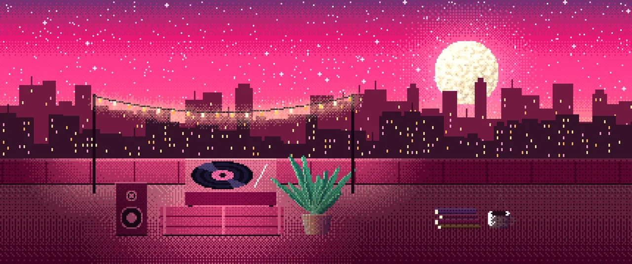 Hot Pink Pixel Art Rooftop Record Player ultrawide wallpaper, 3440 × 1440