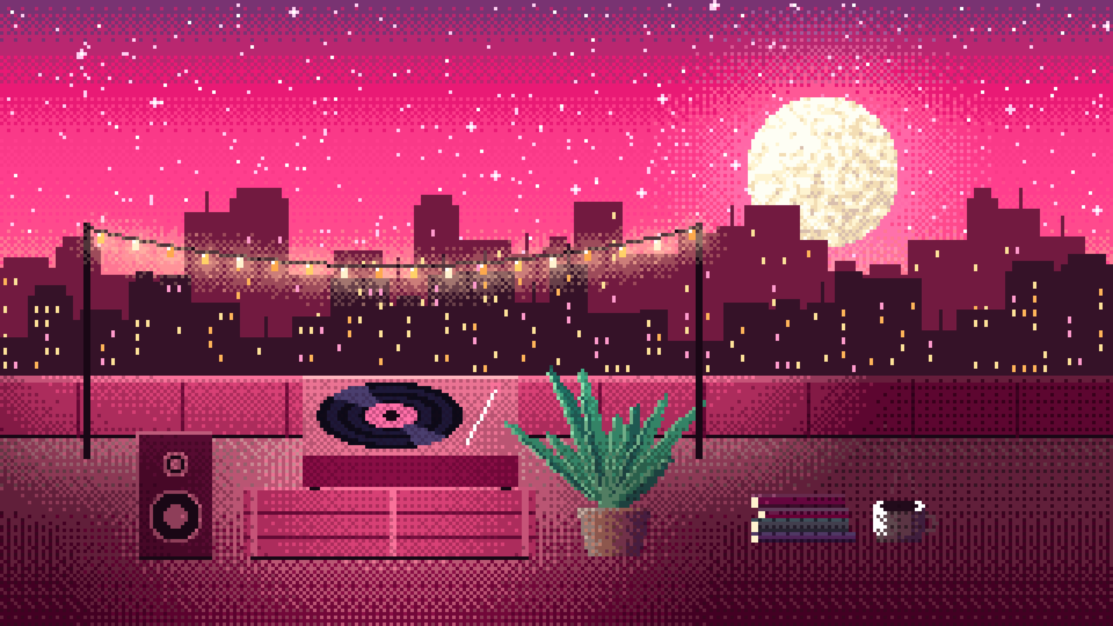 Hot Pink Pixel Art Rooftop Record Player desktop wallpaper in 4K