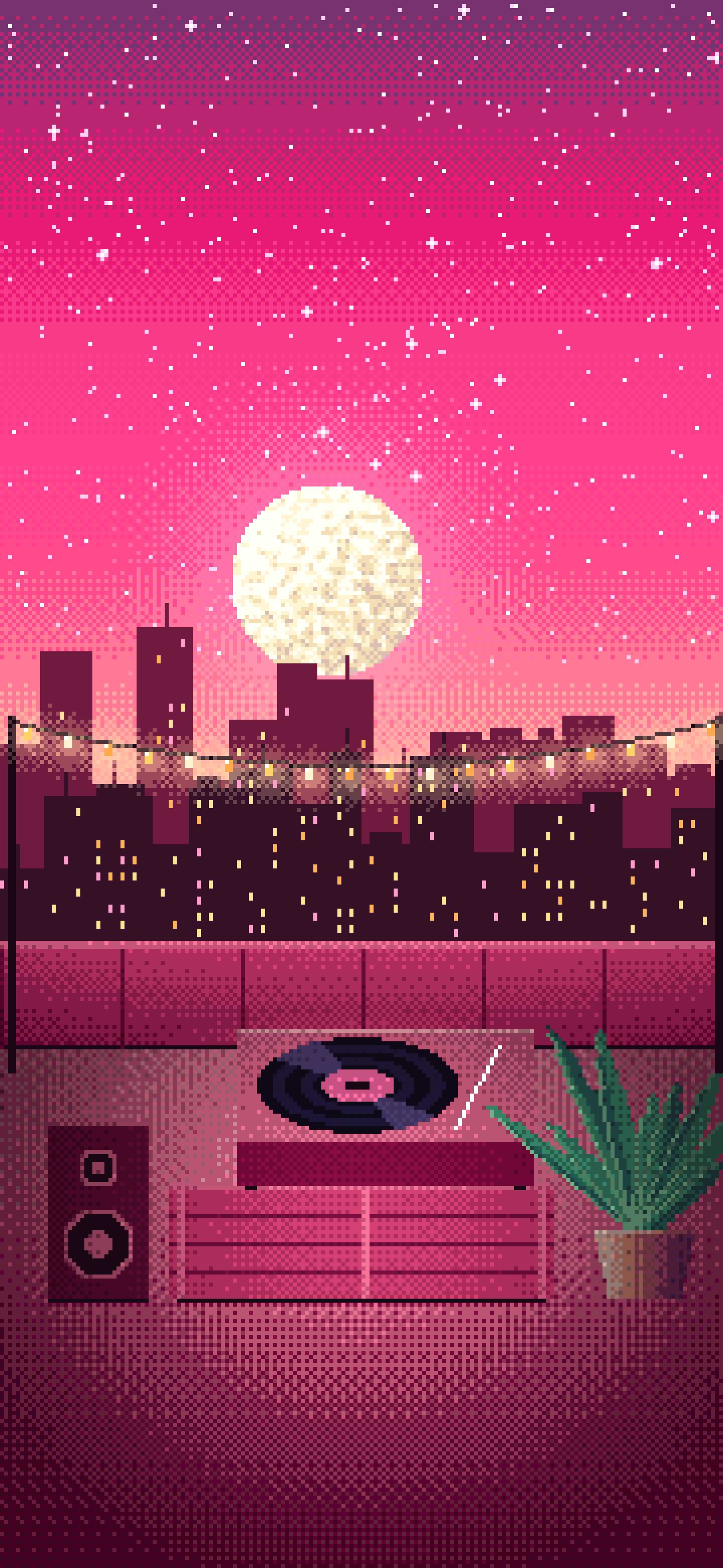 Hot Pink Pixel Art Rooftop Record Player wallpaper for iPhone and Android