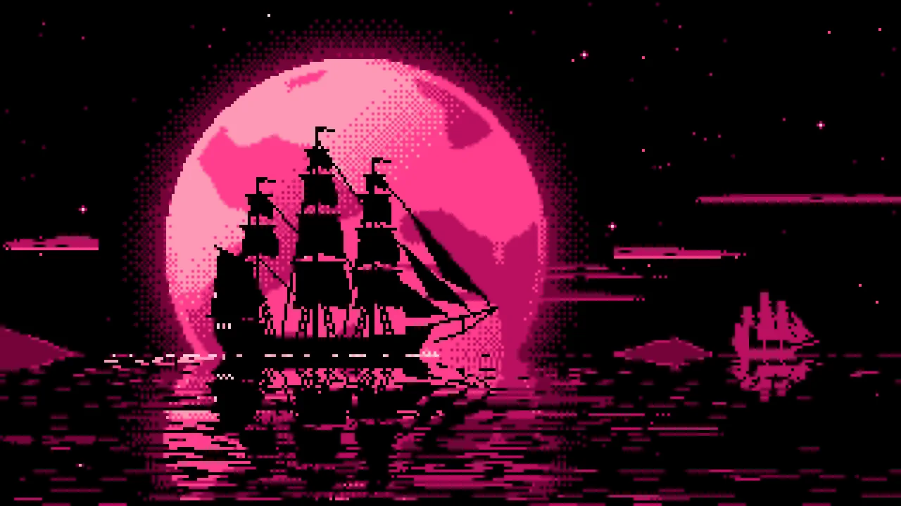 Hot Pink Pixel Art Sailing Ship and Full Moon desktop wallpaper in 4K