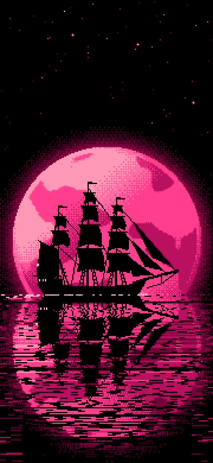 Hot Pink Pixel Art Sailing Ship and Full Moon wallpaper for iPhone and Android