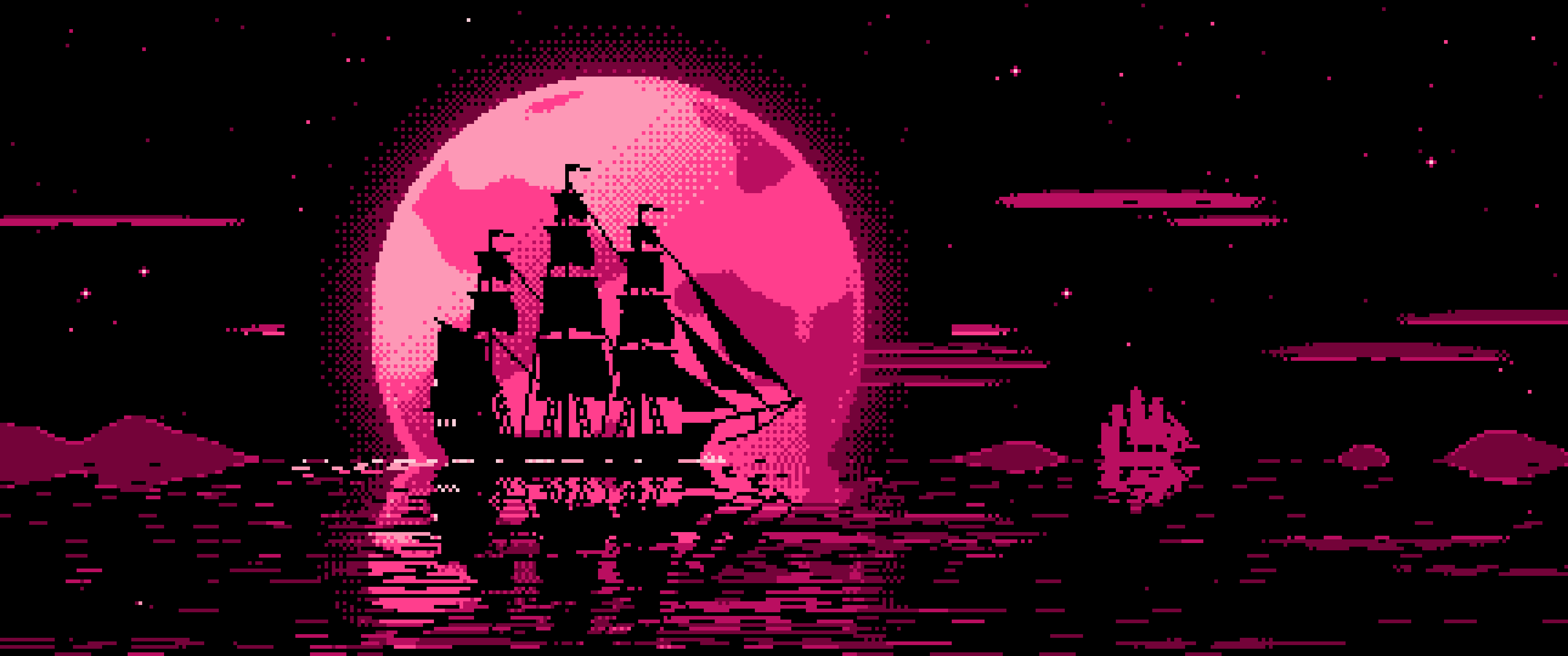 Hot Pink Pixel Art Sailing Ship and Full Moon ultrawide wallpaper, 3440 × 1440