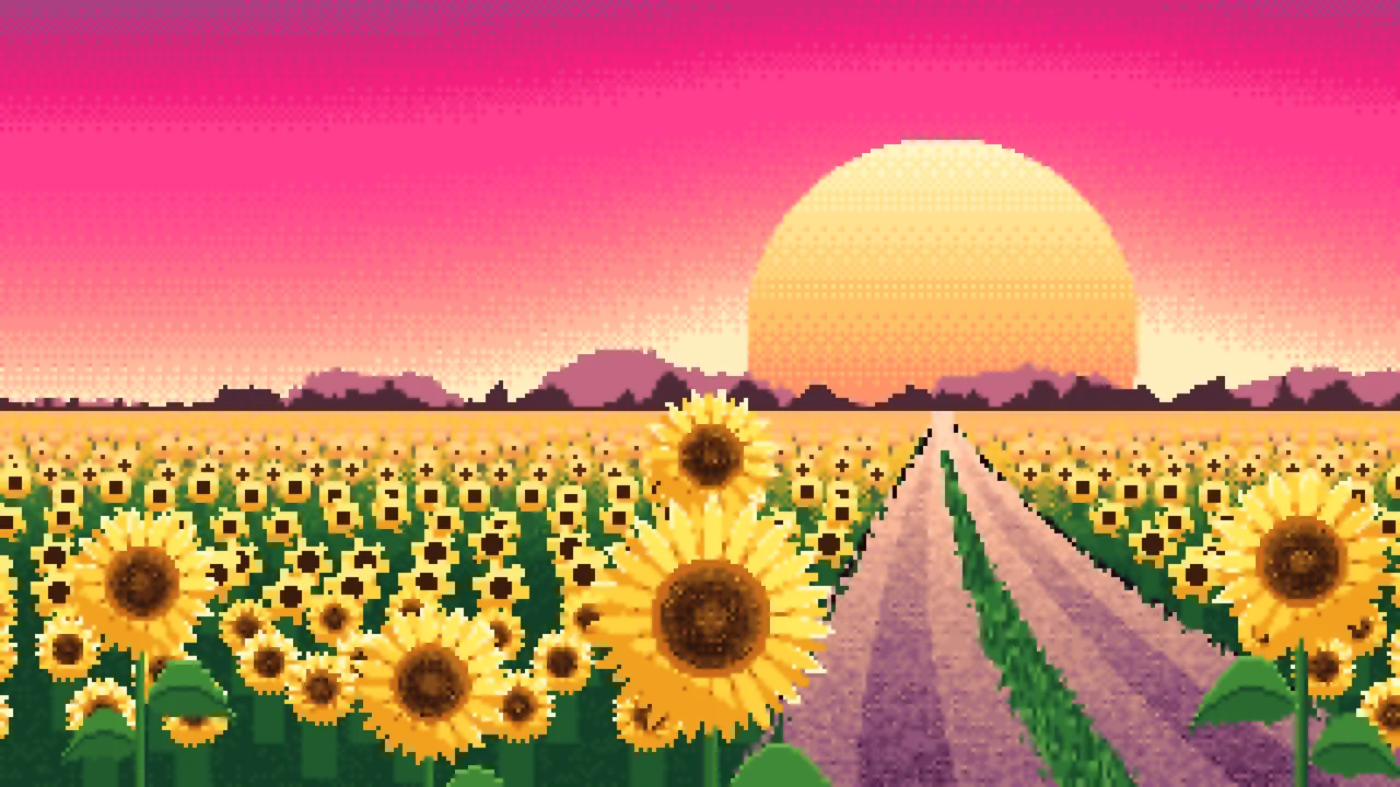 Hot Pink Pixel Art Sunflower Field Road at Sunset desktop wallpaper in 4K