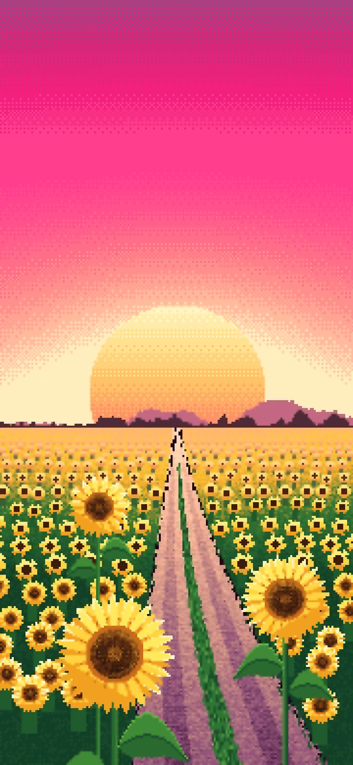 Hot Pink Pixel Art Sunflower Field Road at Sunset wallpaper for iPhone and Android