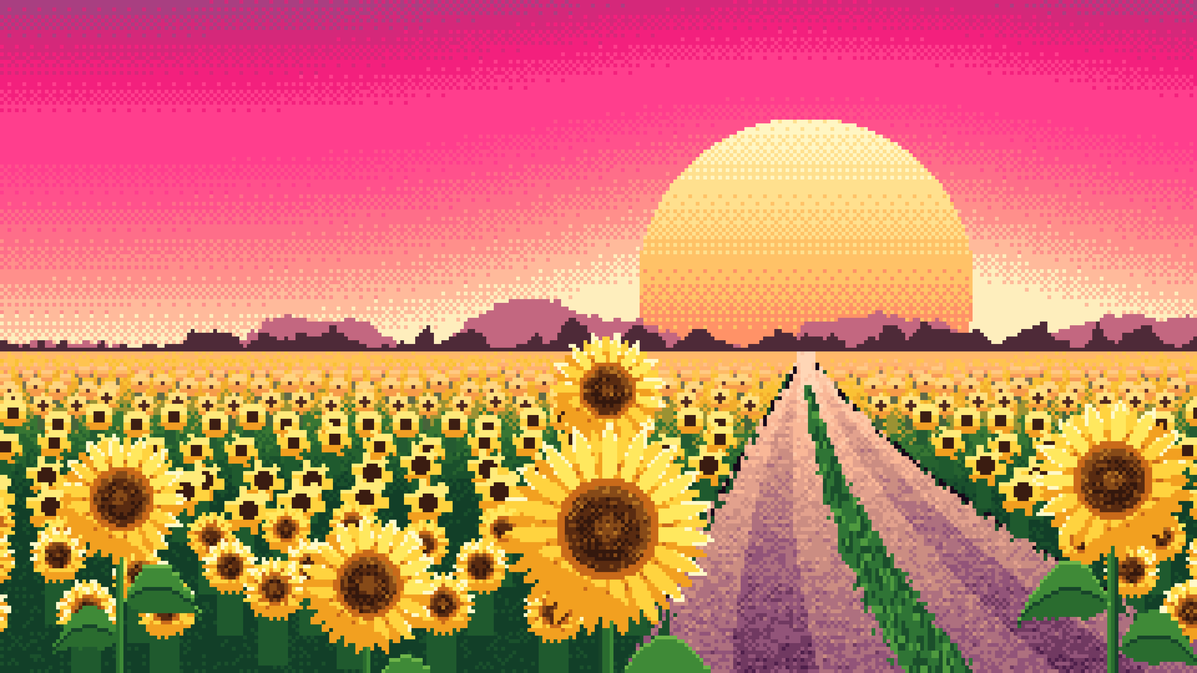 Hot Pink Pixel Art Sunflower Field Road at Sunset desktop wallpaper in 4K