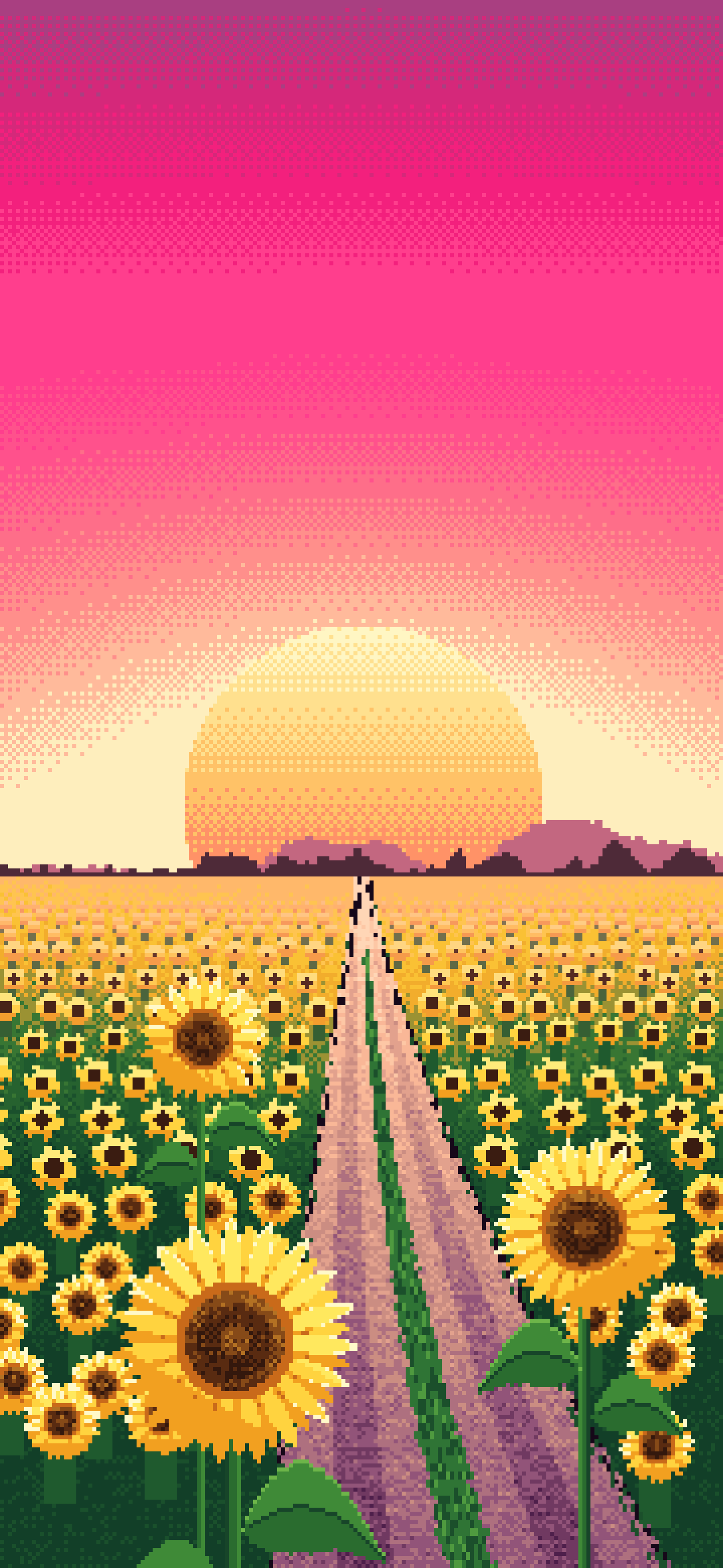 Hot Pink Pixel Art Sunflower Field Road at Sunset wallpaper for iPhone and Android