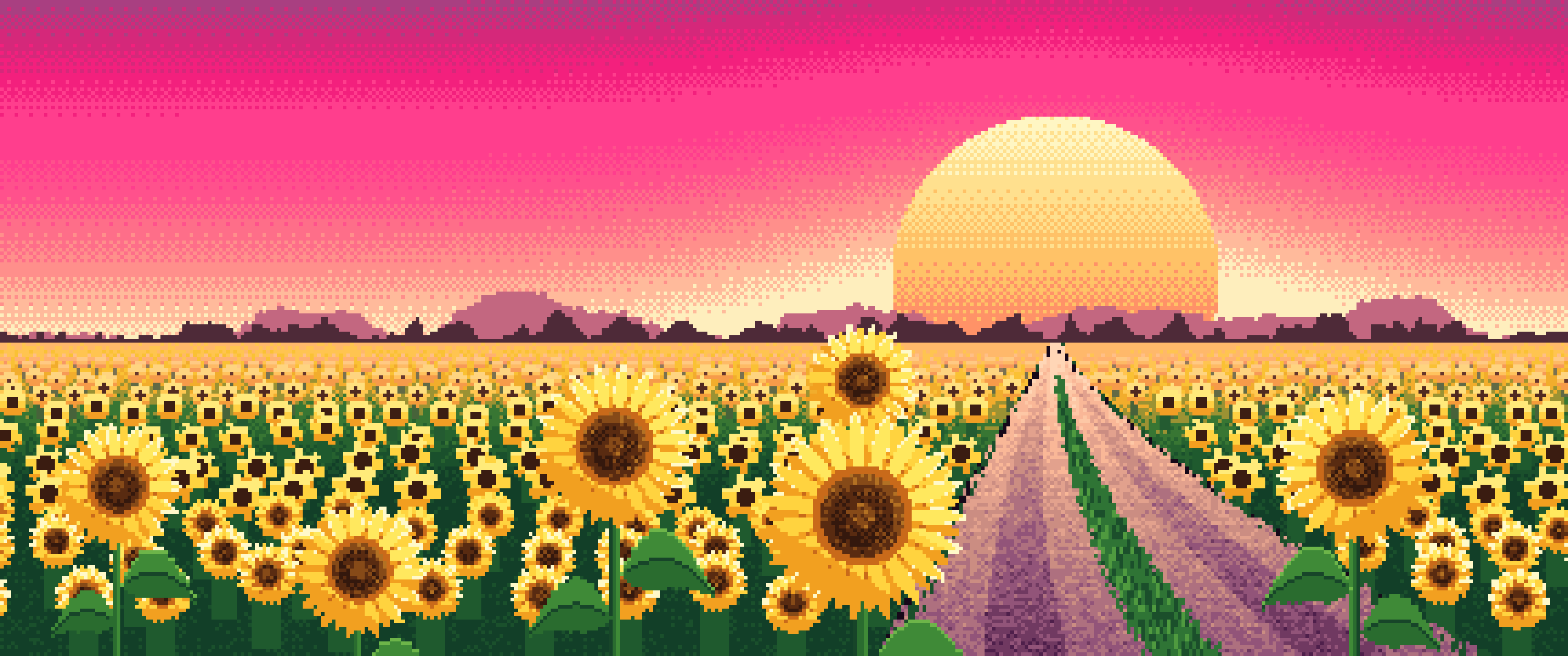Hot Pink Pixel Art Sunflower Field Road at Sunset ultrawide wallpaper, 3440 × 1440