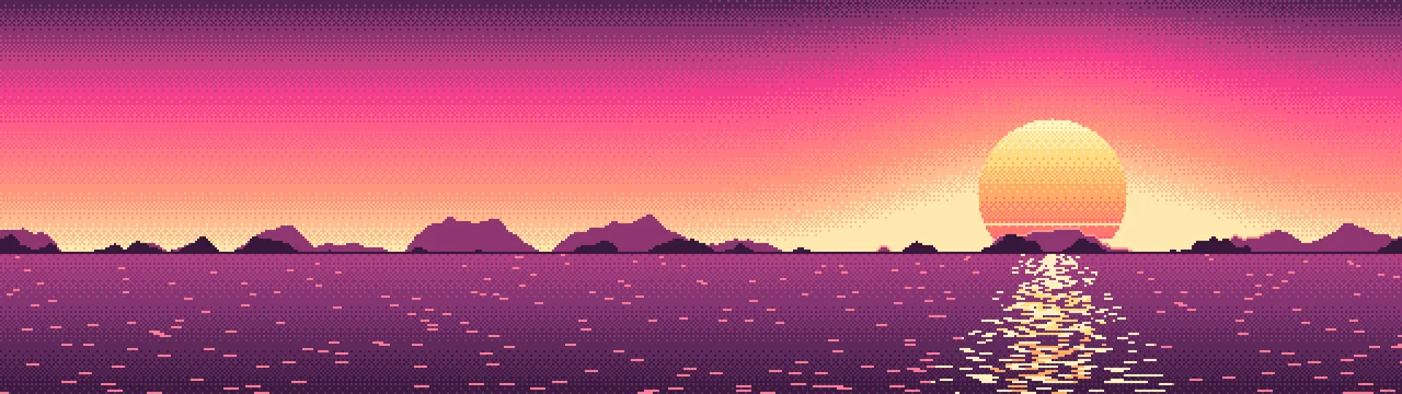 Hot Pink Pixel Art Sunset dual monitor wallpaper, 7680 × 2160