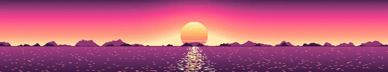 Hot Pink Pixel Art Sunset triple monitor wallpaper, 7680 × 1440