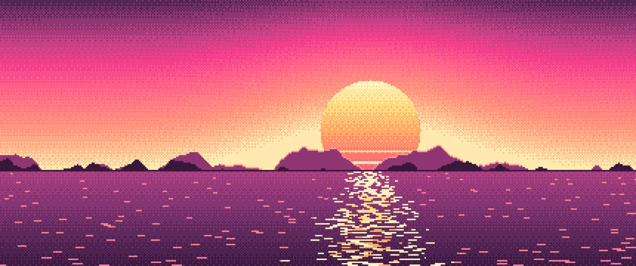 Hot Pink Pixel Art Sunset ultrawide wallpaper, 3440 × 1440
