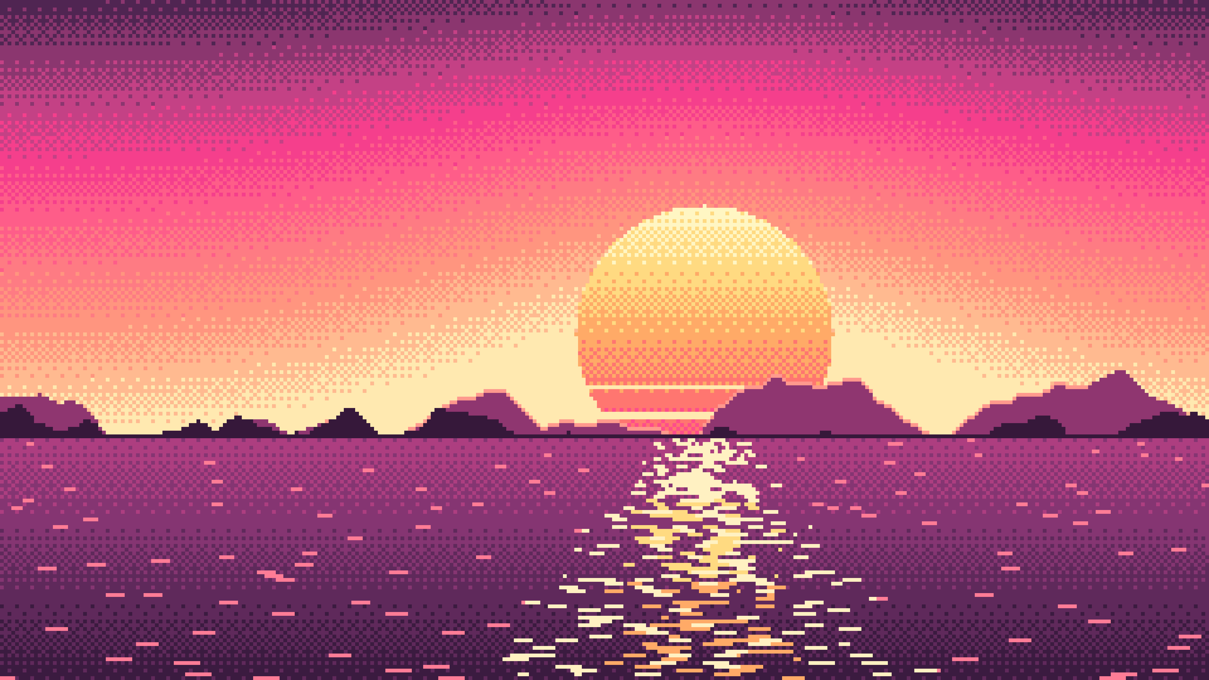 Hot Pink Pixel Art Sunset desktop wallpaper in 4K