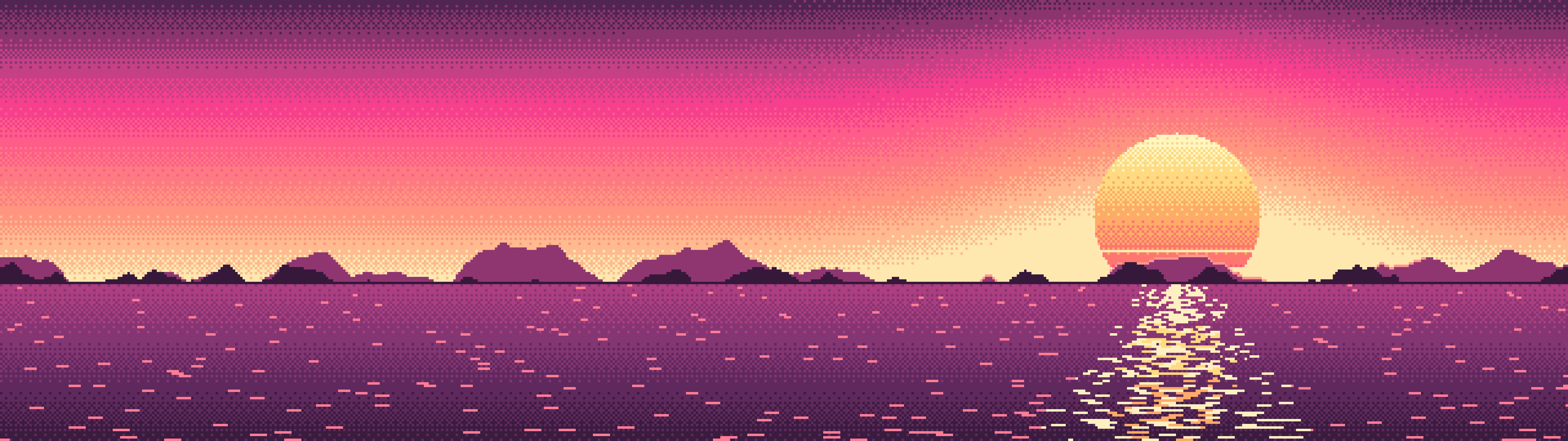 Hot Pink Pixel Art Sunset dual monitor wallpaper, 7680 × 2160