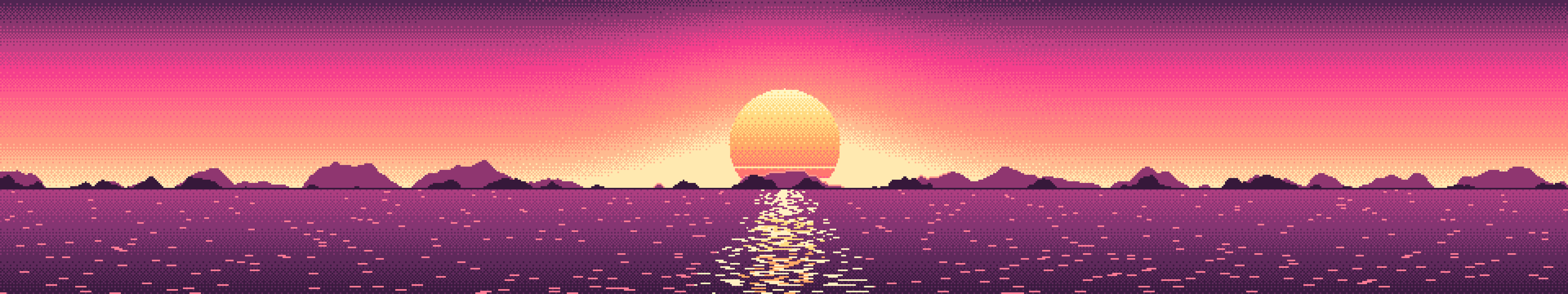 Hot Pink Pixel Art Sunset triple monitor wallpaper, 7680 × 1440