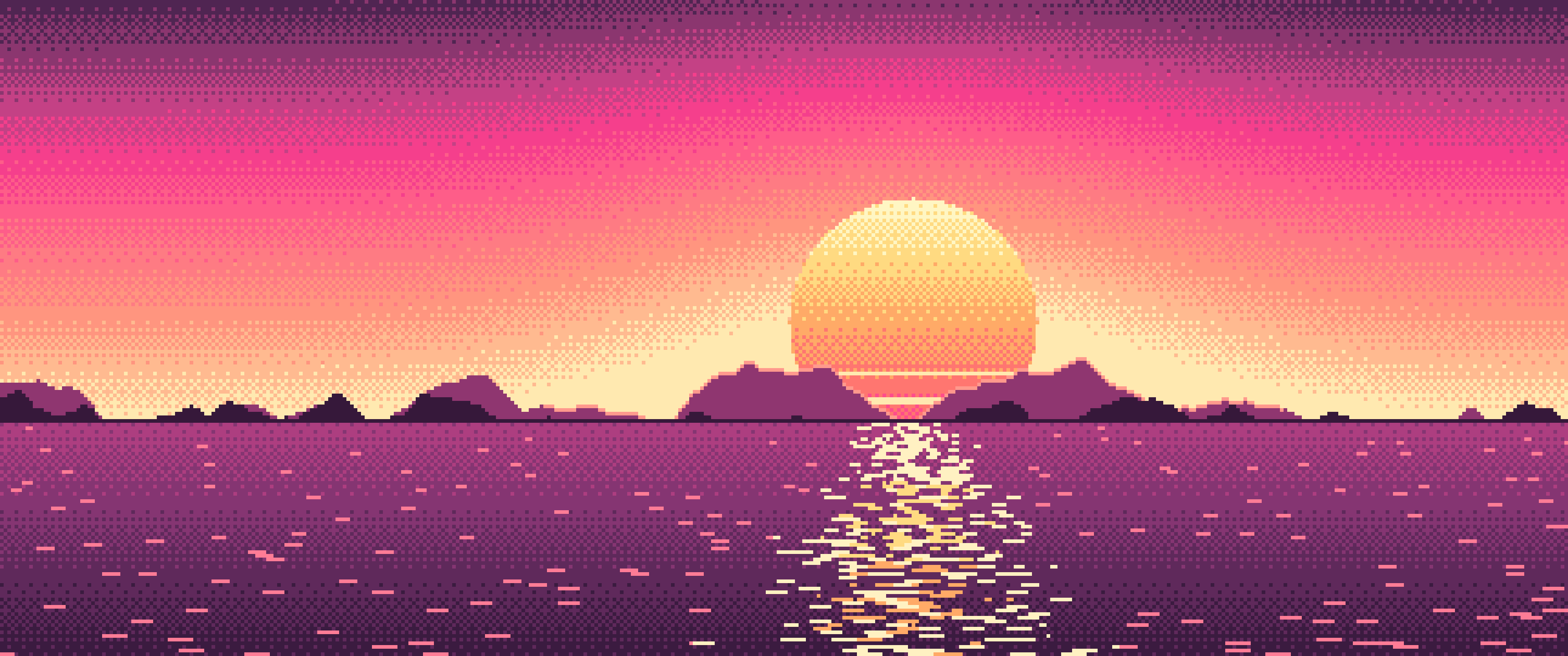 Hot Pink Pixel Art Sunset ultrawide wallpaper, 3440 × 1440