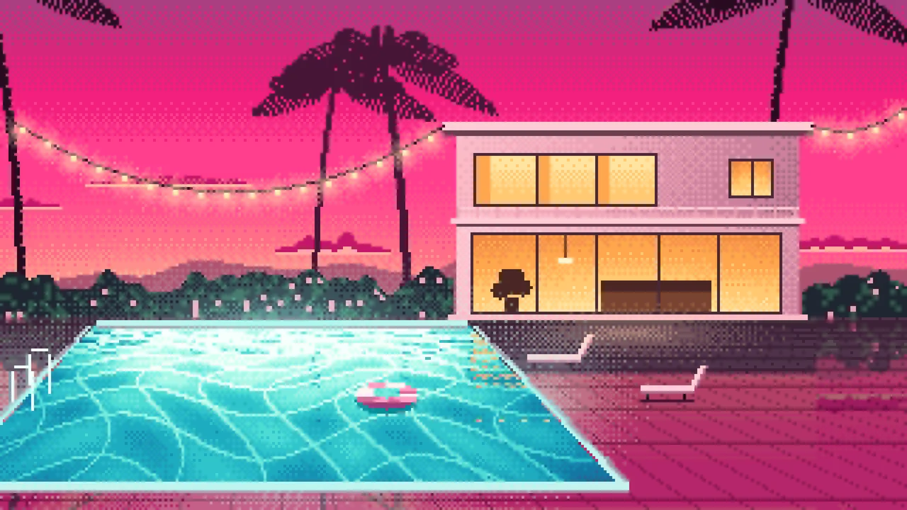 Hot Pink Pixel Art Swimming Pool at Dusk desktop wallpaper in 4K
