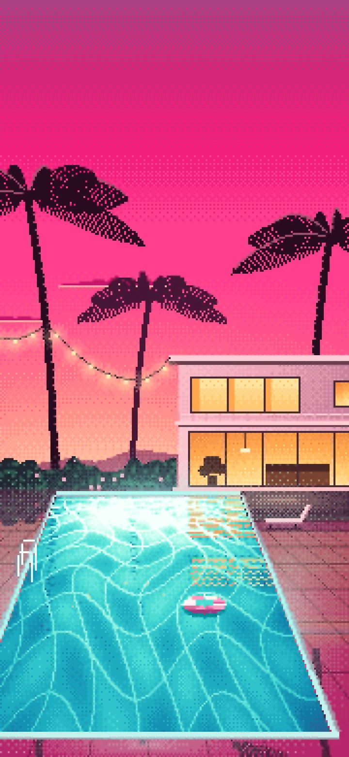 Hot Pink Pixel Art Swimming Pool at Dusk wallpaper for iPhone and Android
