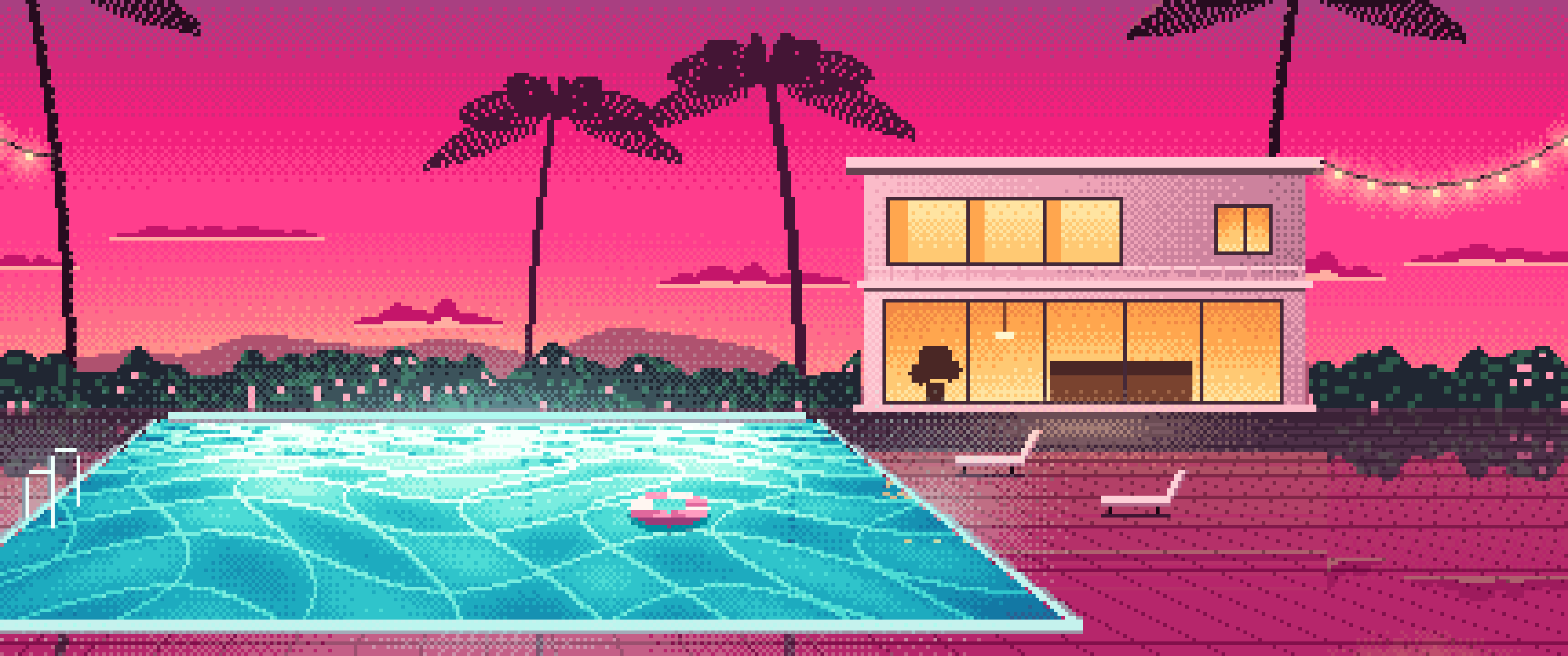 Hot Pink Pixel Art Swimming Pool at Dusk ultrawide wallpaper, 3440 × 1440