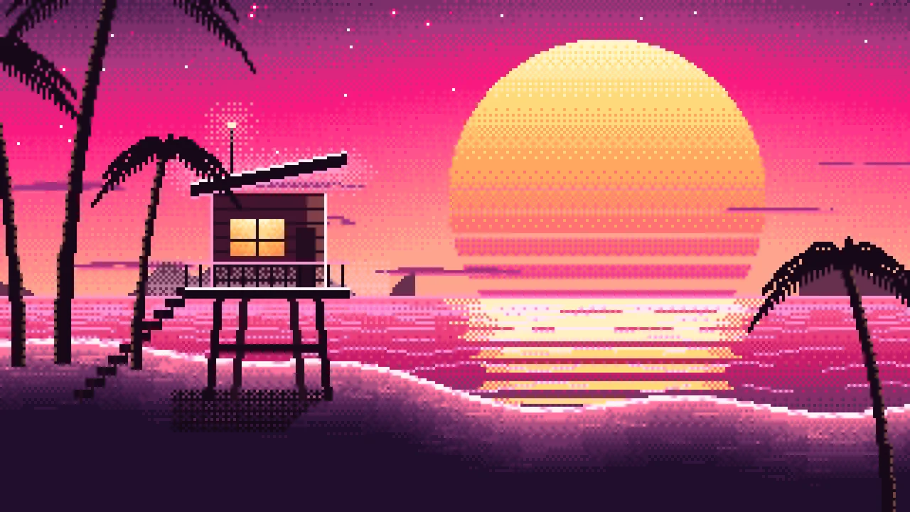 Hot Pink Pixel Art Synthwave Beach desktop wallpaper in 4K