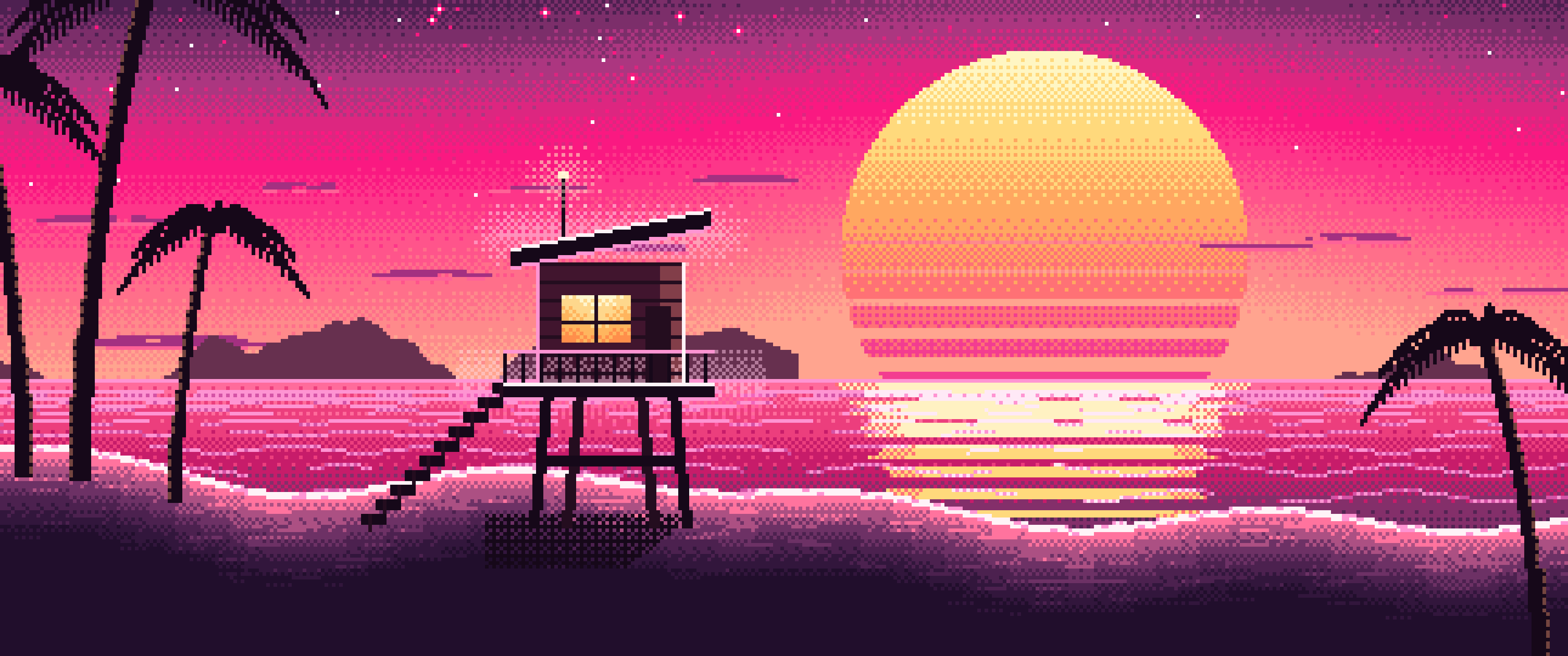 Hot Pink Pixel Art Synthwave Beach ultrawide wallpaper, 3440 × 1440
