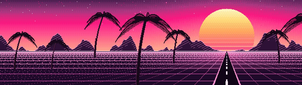 Hot Pink Pixel Art Synthwave dual monitor wallpaper, 7680 × 2160