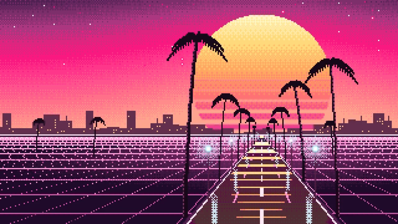 Hot Pink Pixel Art Synthwave Palm Boulevard desktop wallpaper in 4K